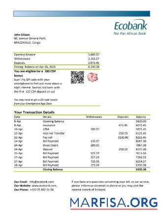 Blank Congo Ecobank bank statement excel download for verification